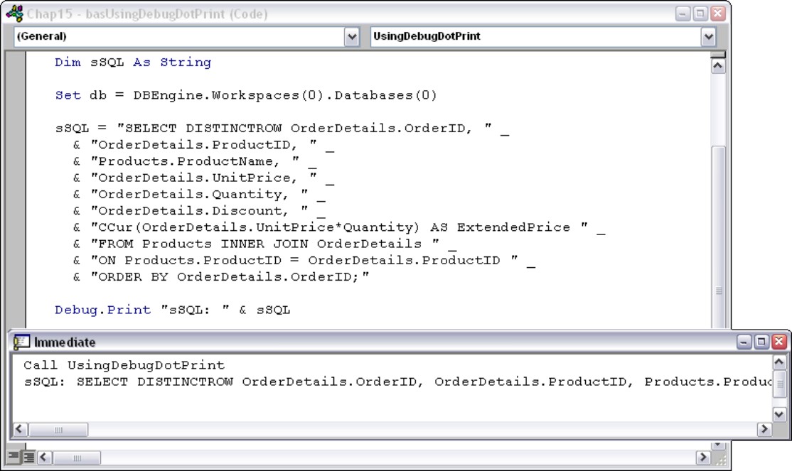 Use Debug.Print to output messages to the Immediate window.